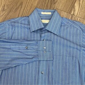 Michael Kors  Men Size M 15 1/2  32/33  Striped Long Sleeve Button-Up Shirt Blue